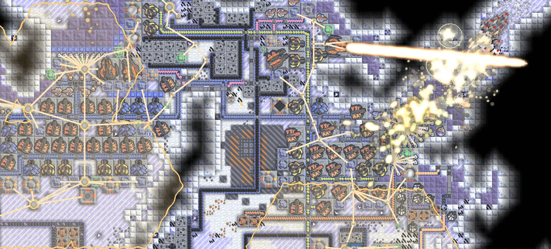 A high-level Mindustry base in combat with a wave of many low-level enemies.
